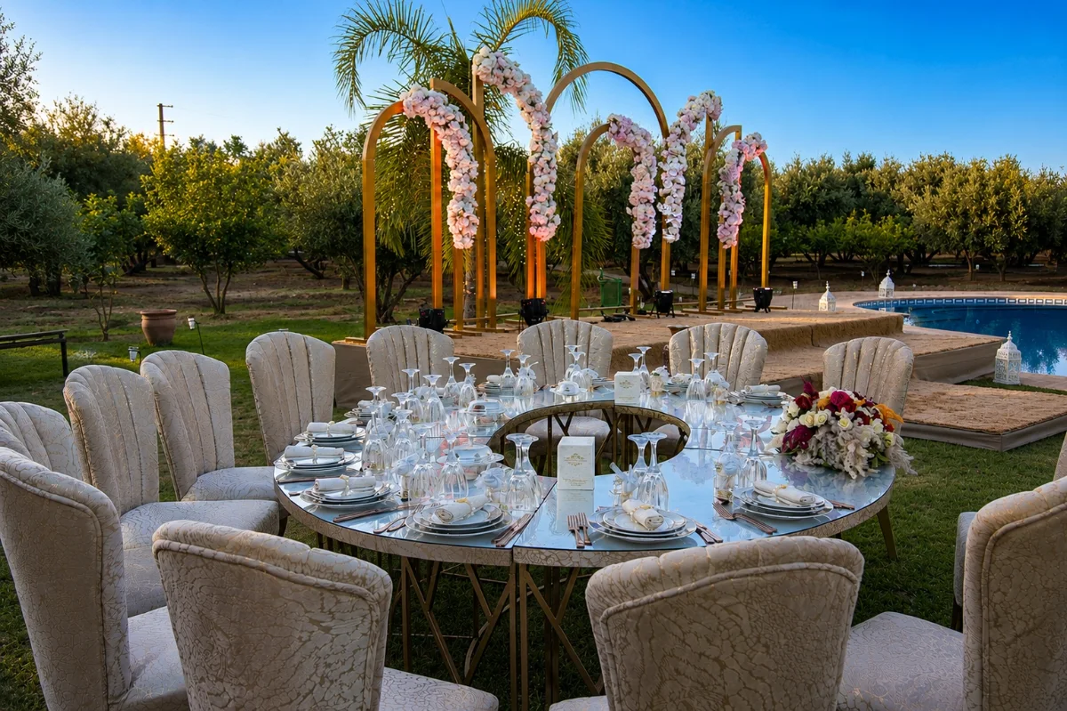 Table de réception dressée au bord de la piscine sous des arches fleuries — mariage à la Villa Dar Moudar Marrakech